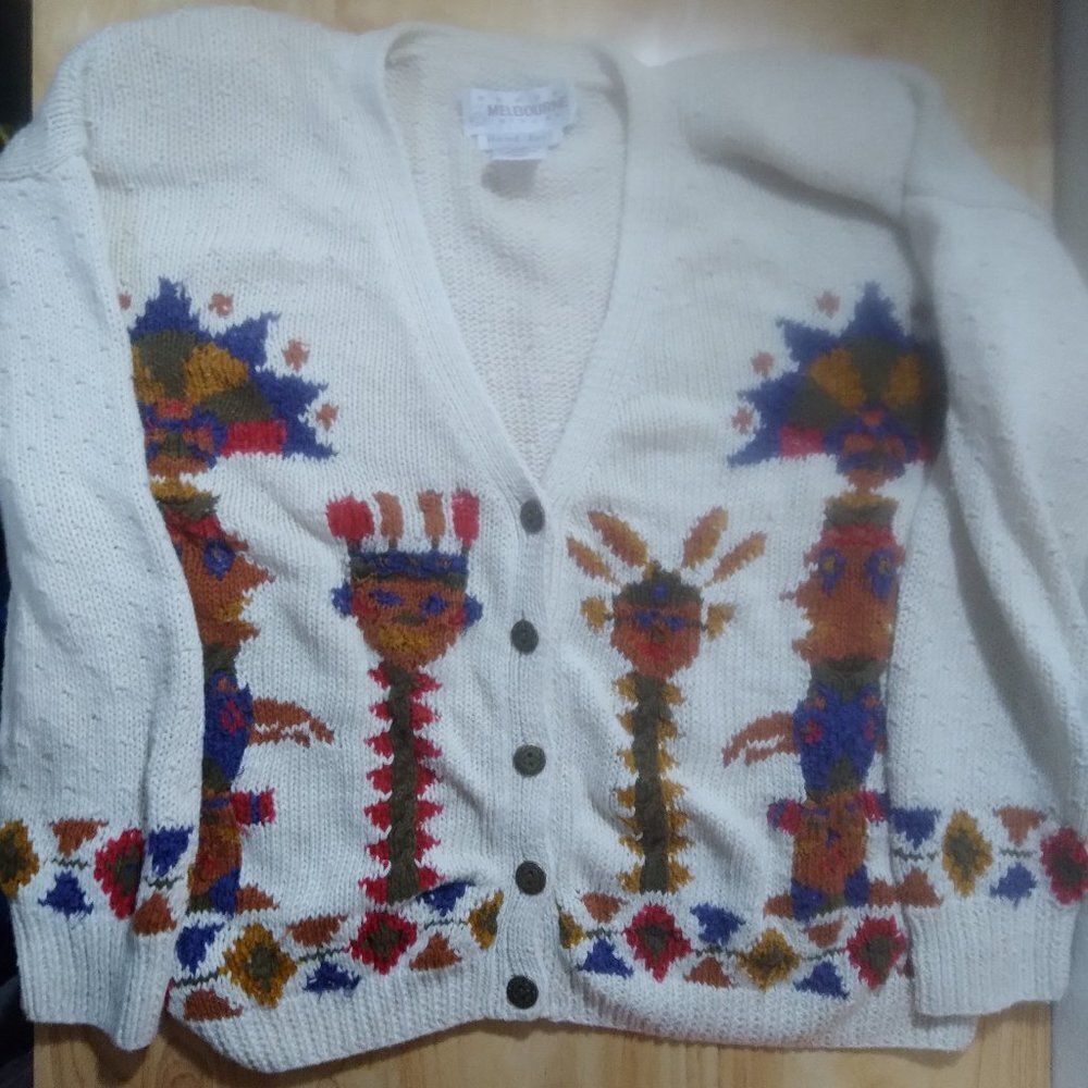 Vintage Aztec Southwest Pattern Hand Knit Cardigan Sweater